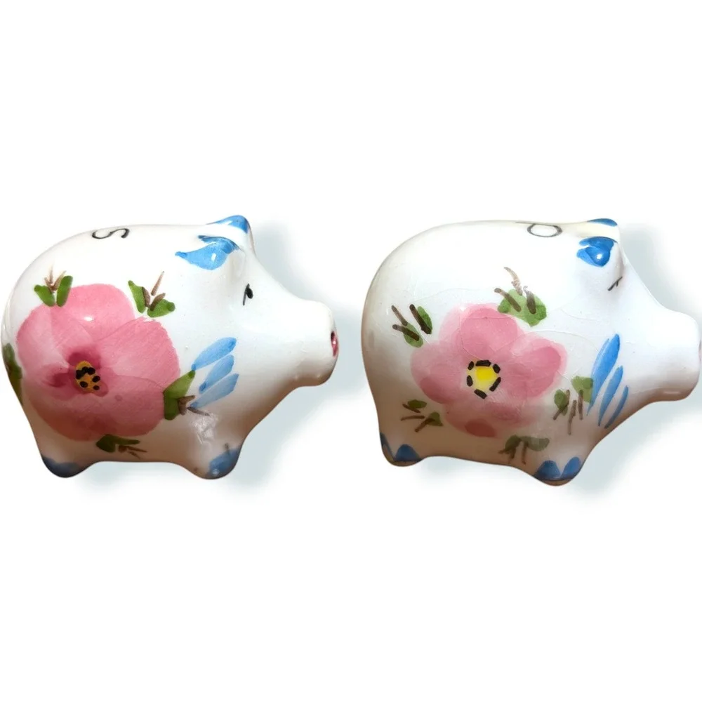 Vintage Style Micro Ceramic Piggy Salt and Pepper Shakers Pink Floral Set